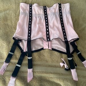 Secrets in Lace “Bettie Page” ribbed corset waist garter, pink w/black trim